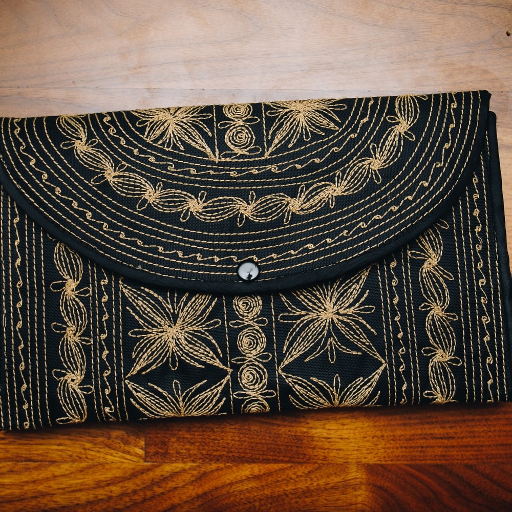 Black Clutch Purse with Brown Hand stitching